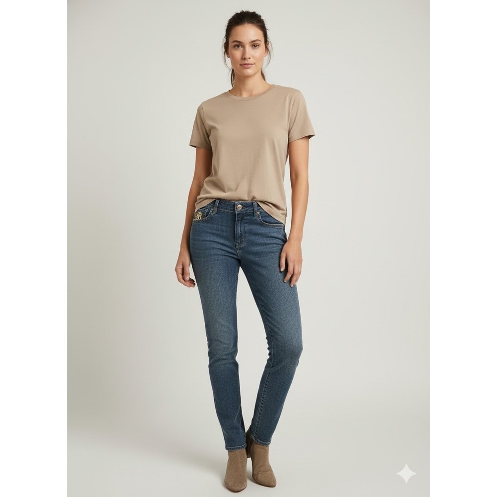 Rich & Royal Women's Size 28 Beige Blue Stretch Denim Jeans Mid Rise Boot Cut